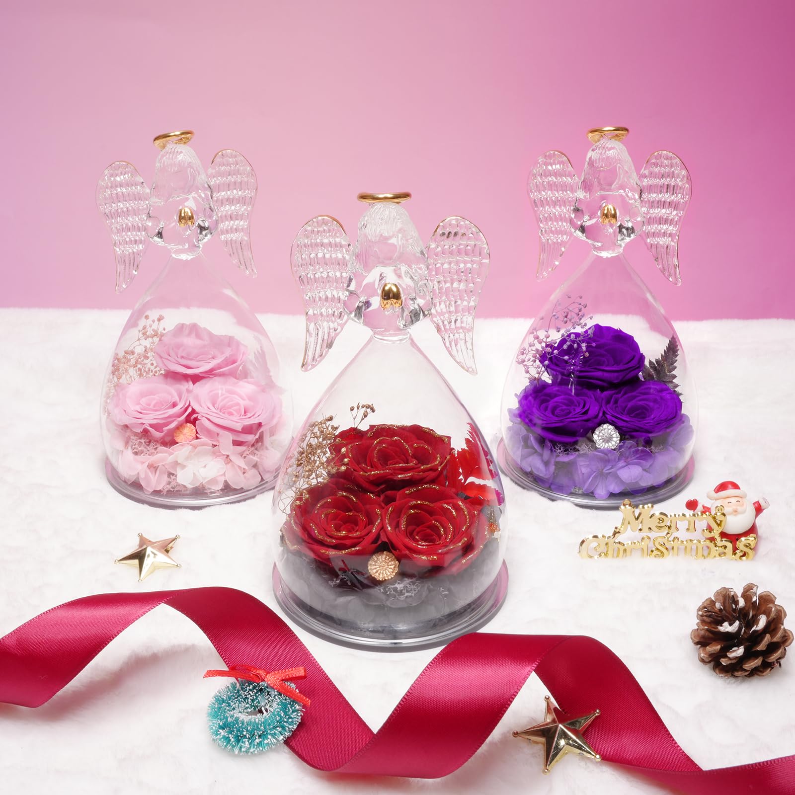 Sunia Cadeau Saint Valentin Femme, Rose Eternelle Cadeau Maman, 3 Fleur Eternelle avec Ange Figurine, Cadeau Anniversaire Femme, Cadeau Maman/Mamie, Ange Gardien Vraie Rose, Cadeau Fete des Grand Mere