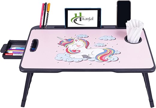 Foldable Wooden Mini Laptop Table for Bed, Study Table with Drawer, Mobile Holder (Unicorn)