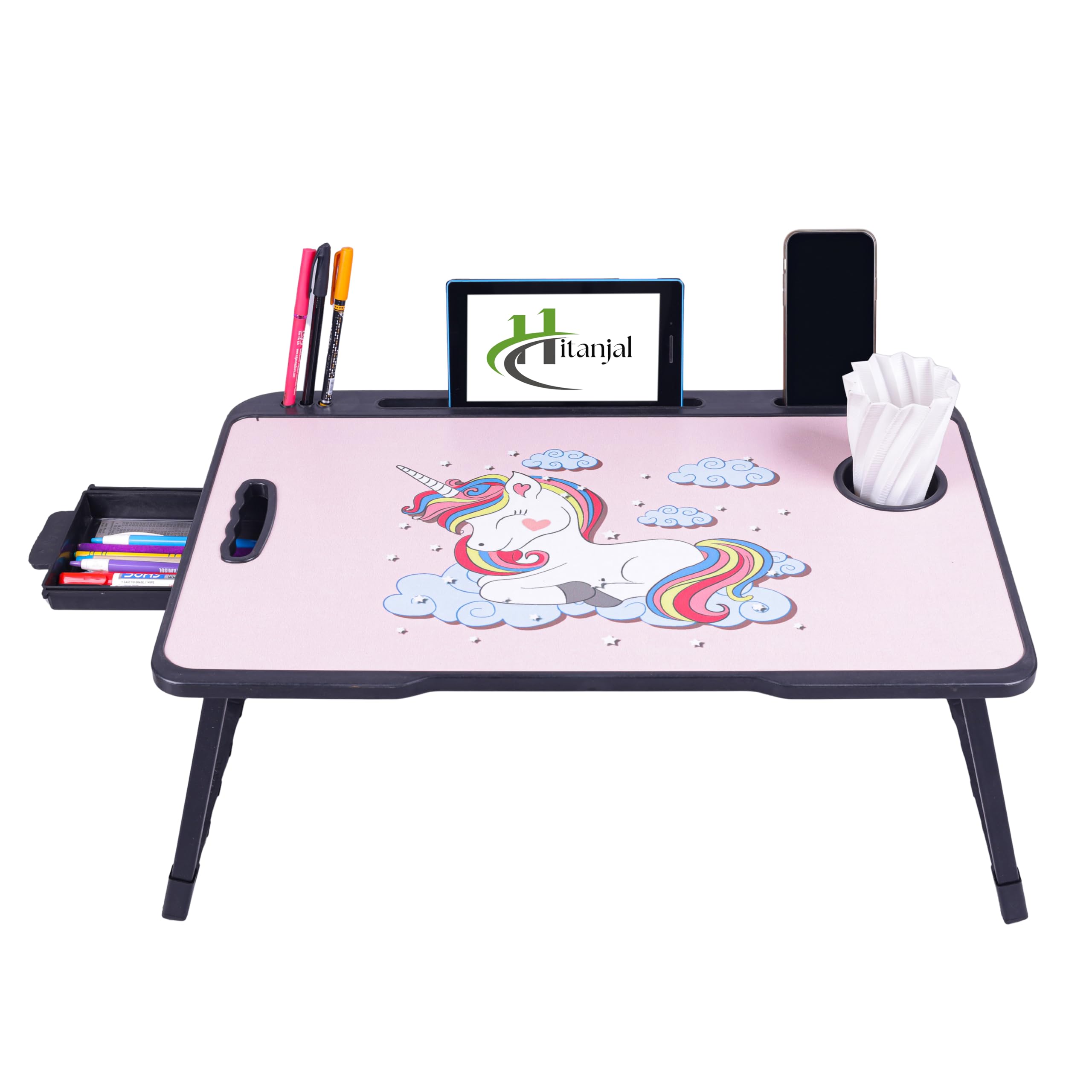 Hitanjal Foldable Wooden Mini Laptop Table for Bed, Study Table with Drawer, Mobile Holder (Unicorn)