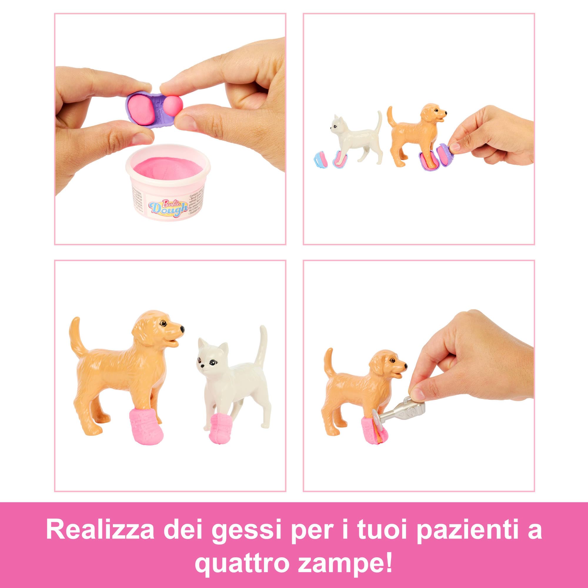 Barbie - Clinica Veterinaria di Pronto Soccorso, Set con Bambola dai Capelli Rosa, Arredamento, Pasta modellabile e 10 Accessori a Tema Inclusi, Giocattolo per Bambini, 4+ Anni, JFX93