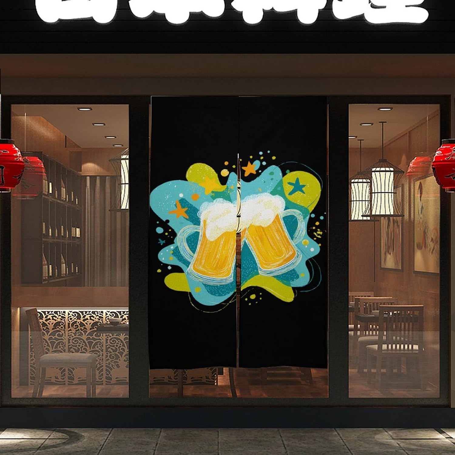 Cartoon Beer Mugs Doorway Curtain Insulated Room Divider Drapes | white linen,privacy curtains