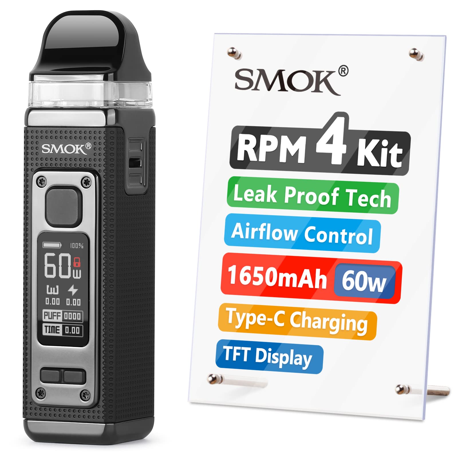 SMOKRPM 4 E-Cigarette Vape Starter Kit, 60W 1650mAh, LP2 Coil with Leak Proof Technology, 2ml Airflow Control Vapor, USB Type-C Fast Charging, TFT Display, 2 Type Mesh Coils, Ecig No Nicotine (Black)