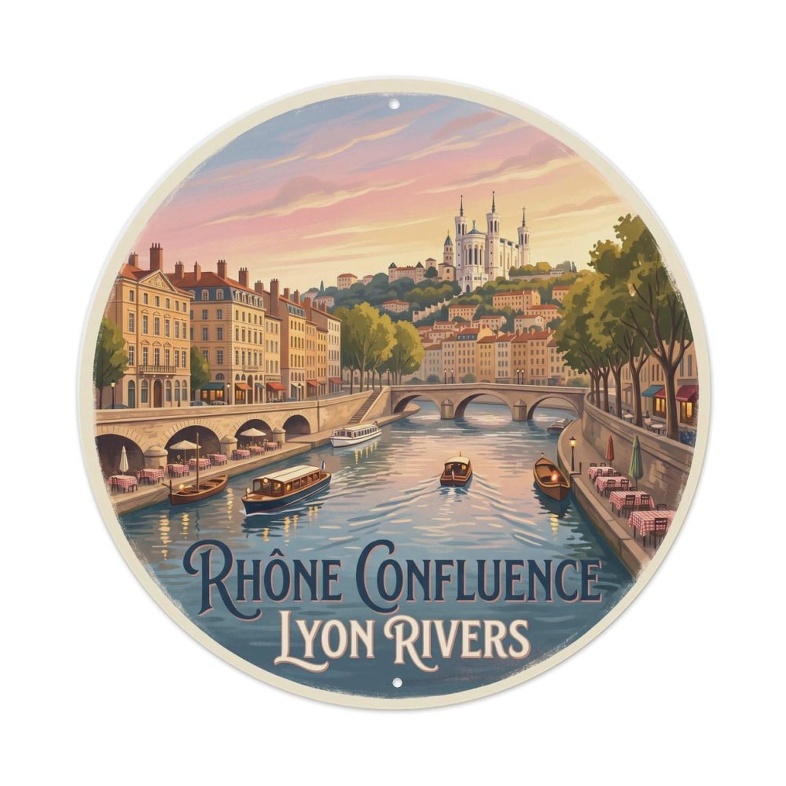 Vintage Travel Rhone Lyon Confluence Metal Tin Sign