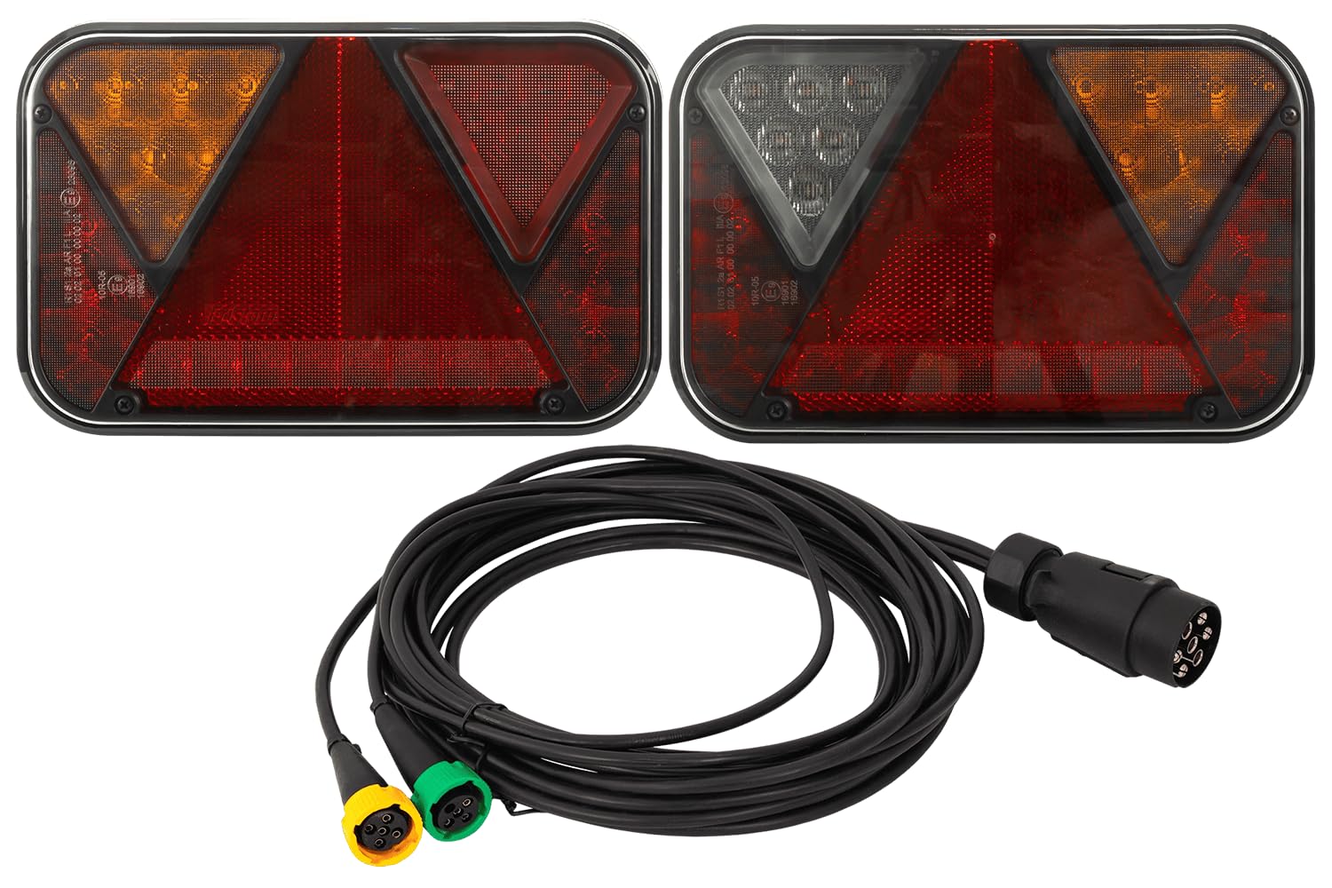 FRISTOM Anhänger Beleuchtungsset Rückleuchten FT-270 LED links rechts 12 V E9 EMV IP68 Bajonett 5 Pin mit Dreieckreflektor und MANTES Kabelbaum 5 m 7 Pin für Anhänger PKW