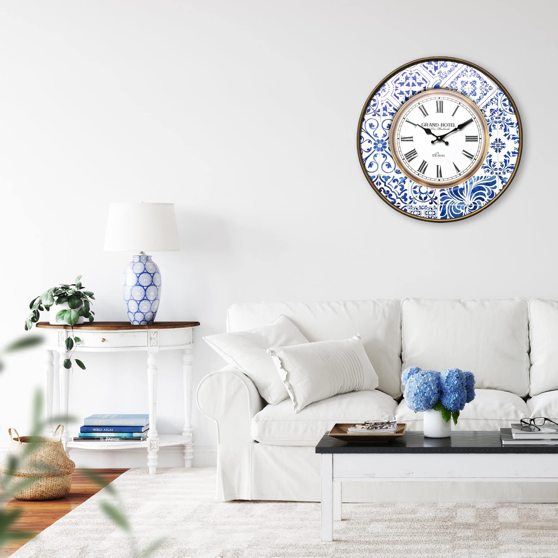 Rebecca Mobili Orologio da Appendere, Orologi da Muro Rotondo, Metallo, Bianco Marrone Blu, Stile Vintage - Diametro 50 cm x 4,5 cm - Art. RE6383
