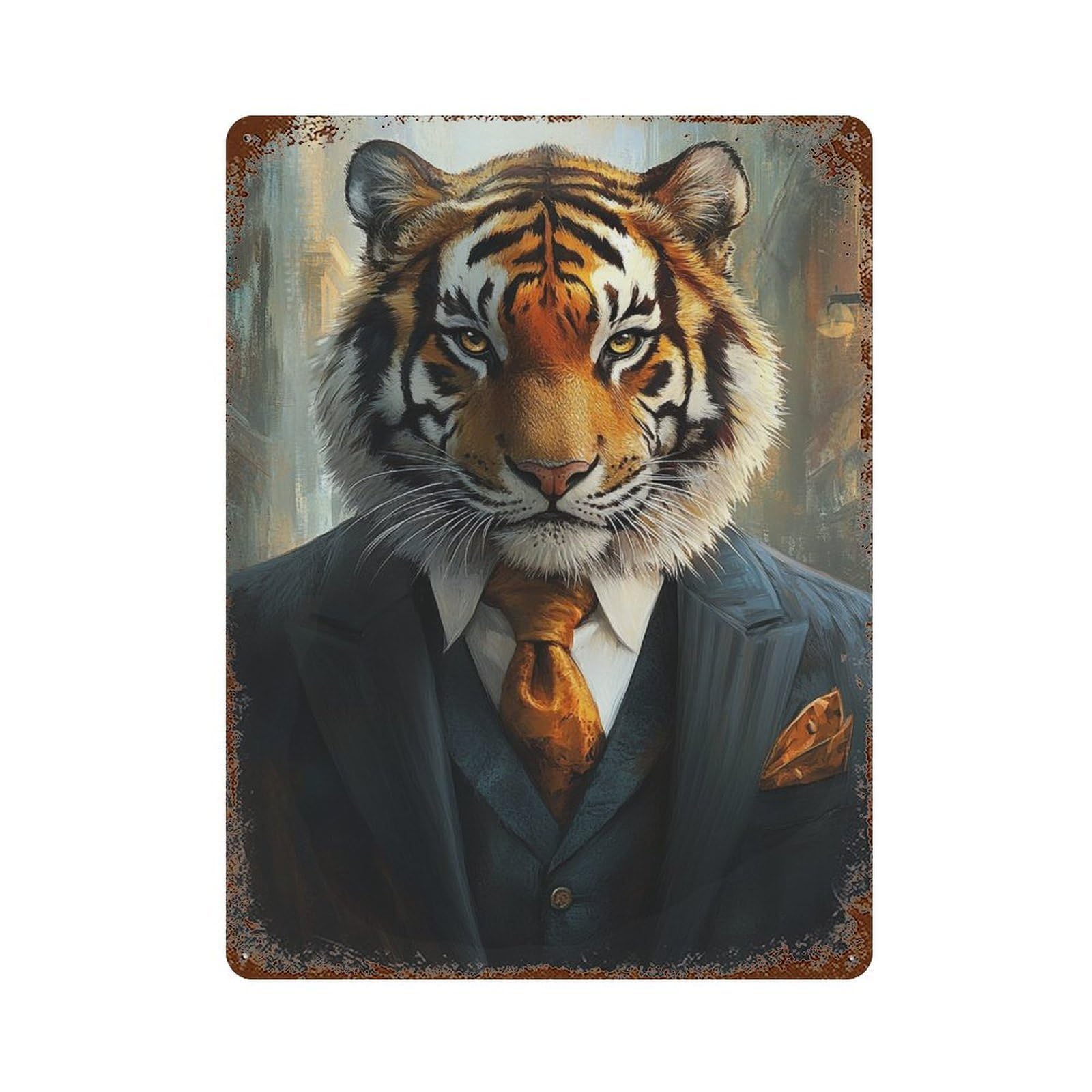 Rust Effect Executive Tiger Portrait Aged Metal Wall Plaque 15.7"x11.8", Industrial Home Decor for Cafe, Home Bar And Lounge Decor