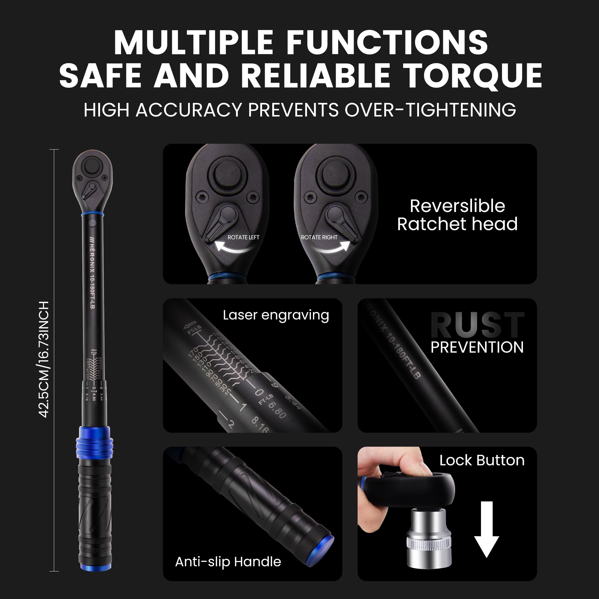 1/2 Inch Drive Click Torque Wrench, 10–180 Ft.Lb/13.6–244.0 Nm ±3% Accuracy, 72-Tooth Dual-Direction Ratchet, Adjustable Newton Meter Torque Wrenches for Motorcycle,Car & Bicycle Repair - 3