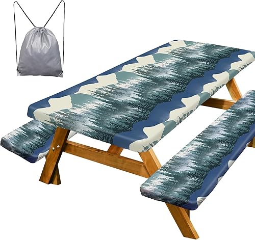 ICOSY Mantel de picnic con fundas de banco de 30 x 72 pulgadas, resistente al viento, mantel rectangular ajustable para mesas de 6 pies, accesorios