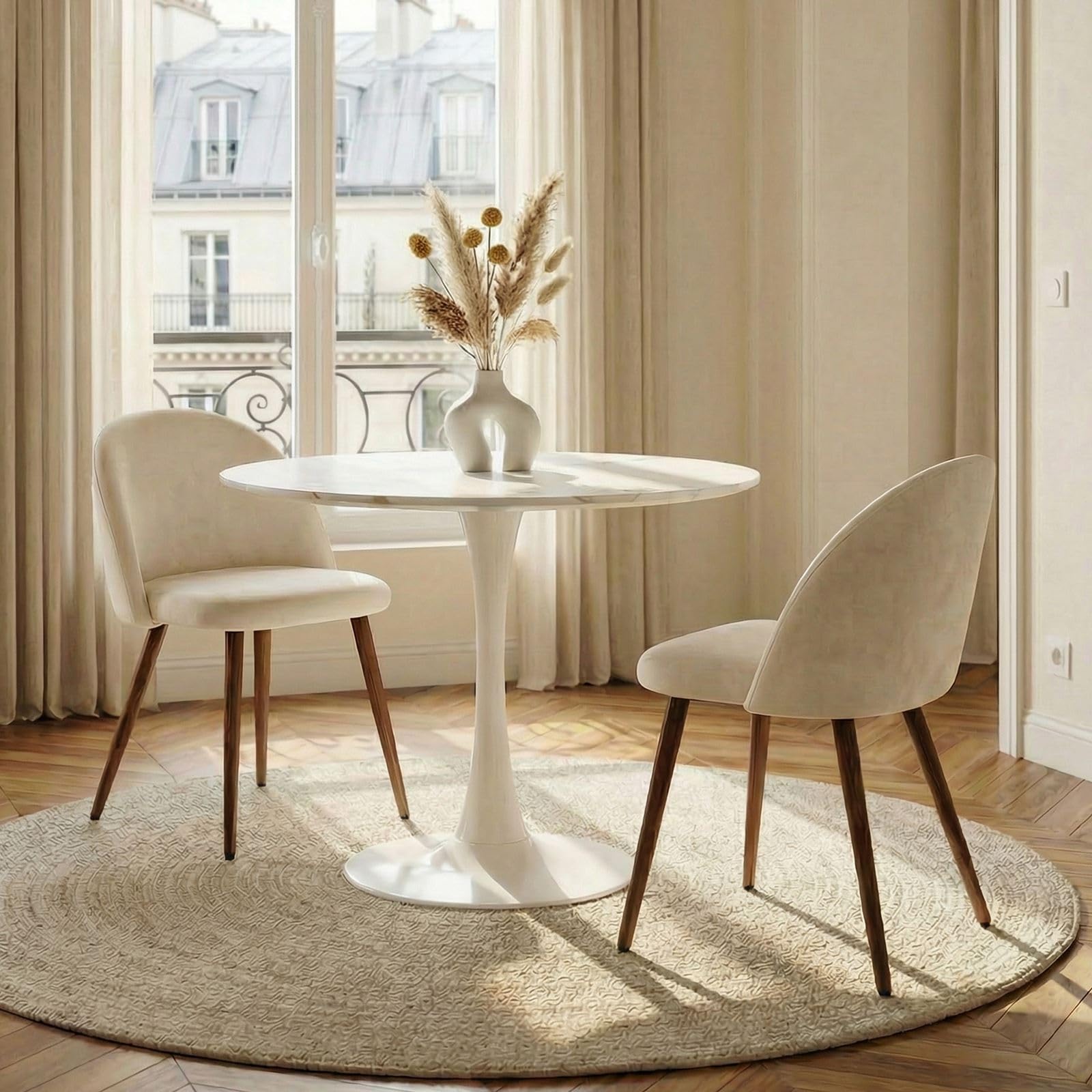 Essgruppe LOIRE/NAVIA mit runder Keramikplatte, Weiß/Beige - Esstisch mit 2 Stühlen, Tisch mit pflegeleichter Steinplatte, Polsterstühle Samtstoff, Esszimmermöbel für Küche und kleine Essbereiche
