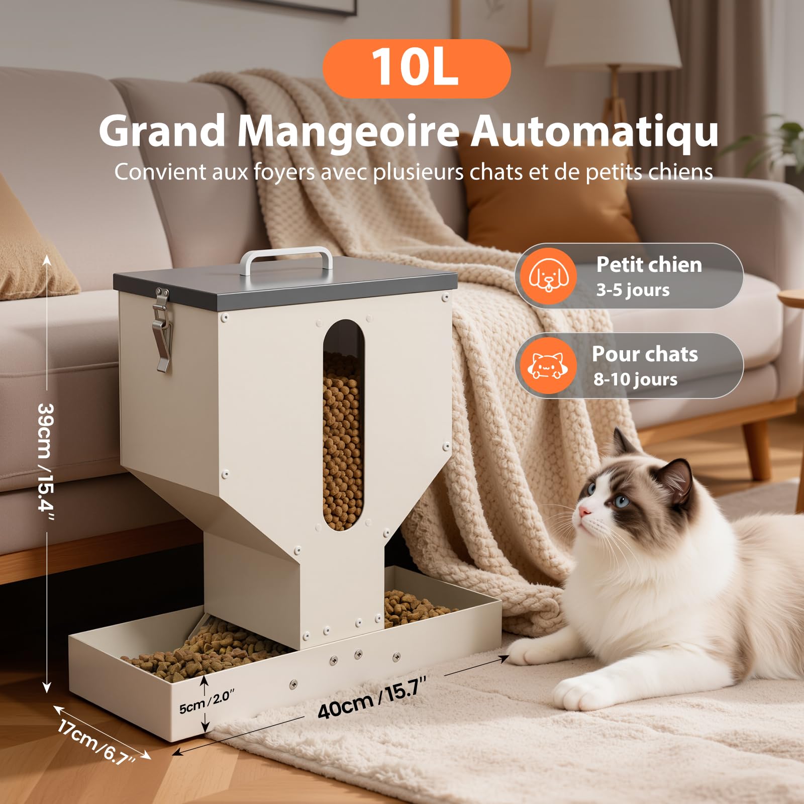 Distributeur Croquettes Chat Automatique, Gamelle Métal, 10L | Mangeoire à 2 Bols, Pour Plusieurs Chats et Petits Chiens, Solide, Simple à Nettoyer