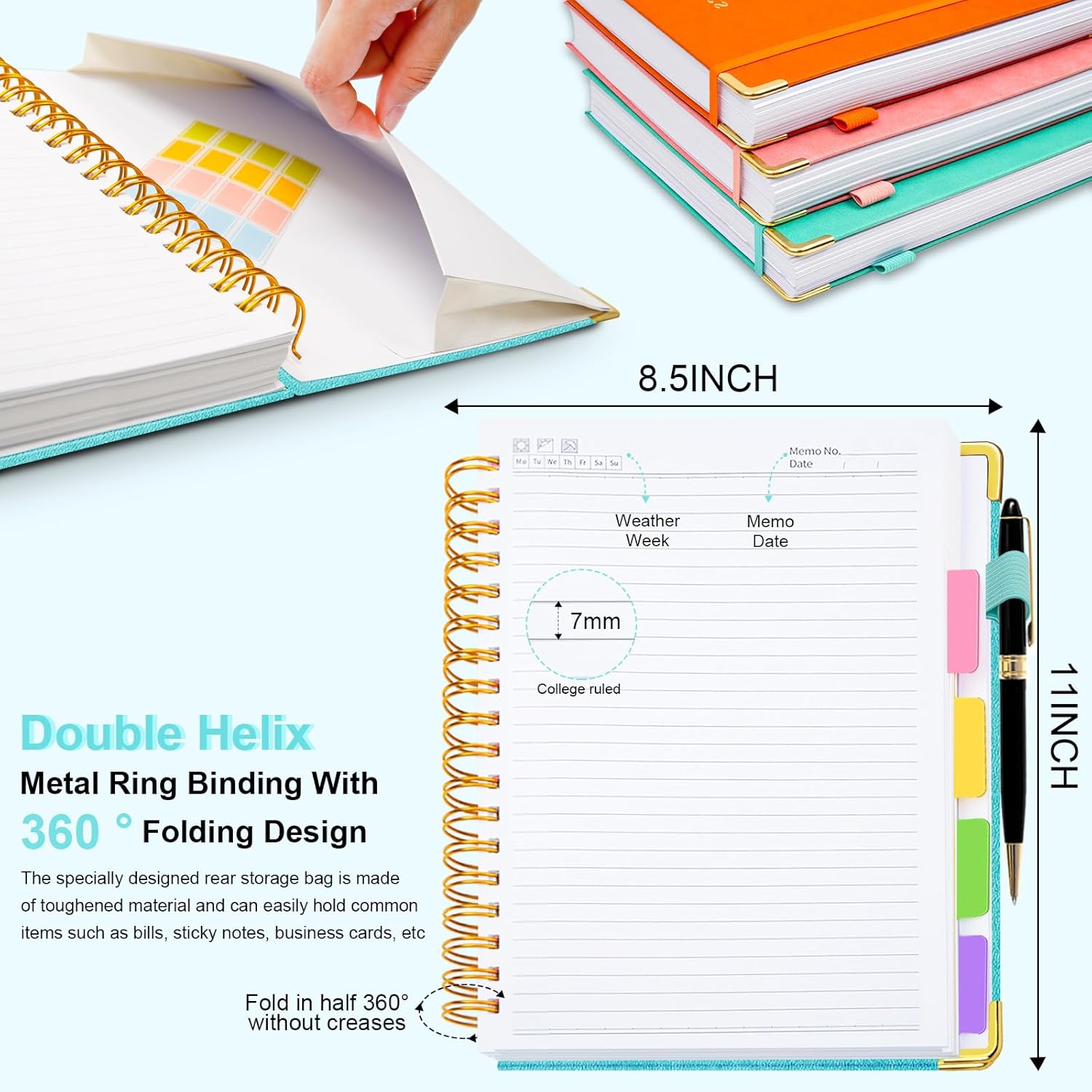 Hardcover Spiral Notebook 8.5"x11" Journal Notebook with Tabs and Removable Dividers 300 Pages 5 Subject Notebook College Ruled, Faux Leather Spiral Bound Notebook for Women School Work(Blue)