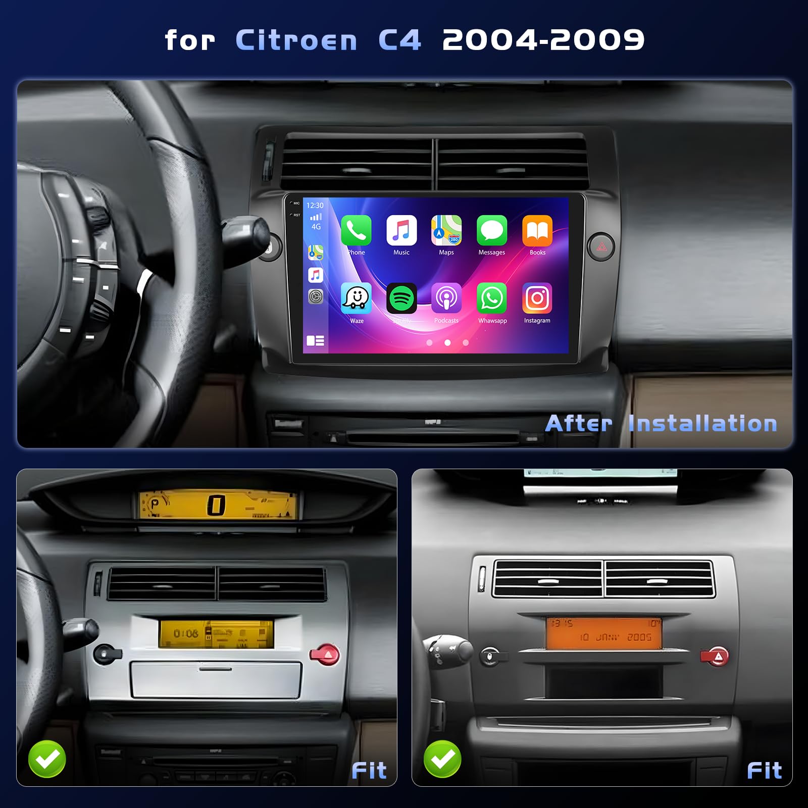 4+128G Android radio samochodowe z ekranem do Citroen C4 2004-2009 Wireless Carplay, radio samochodowe 2 DIN 9 cali Incell ekran 1280 x 720 Android Auto/FM/RDS/kamera cofania