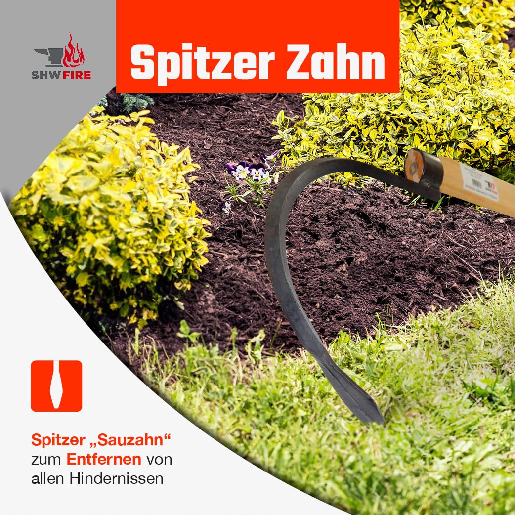 SHW-FIRE | Bio-Kultivator 135 cm mit geschmiedetem Sauzahn, robuster Spezialstahl, ergonomischer Eschenholzstiel, ideal für Hochbeete und eng bepflanzte Gärten | Made in Germany