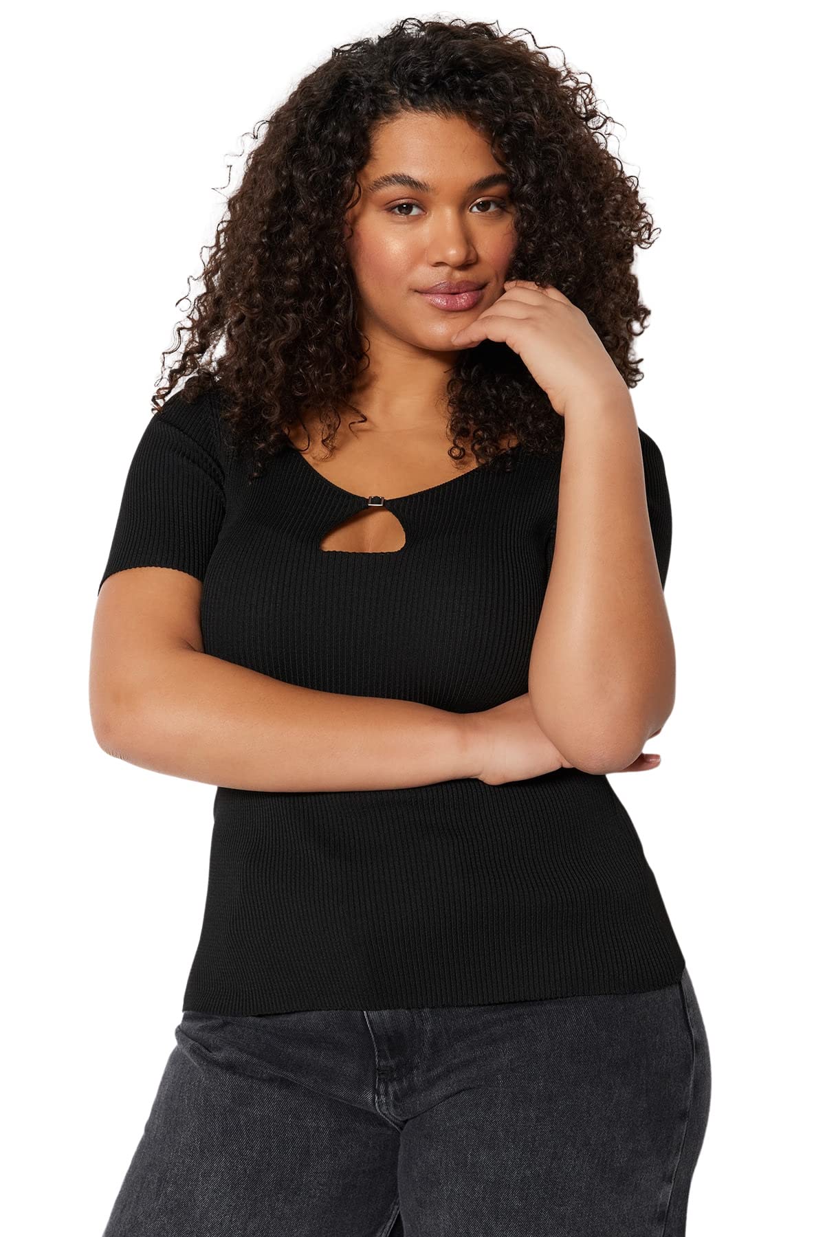 Trendyol Woman Fitted Bodycon V Neck Knitwear Plus Size Blouse,Black,4XL
