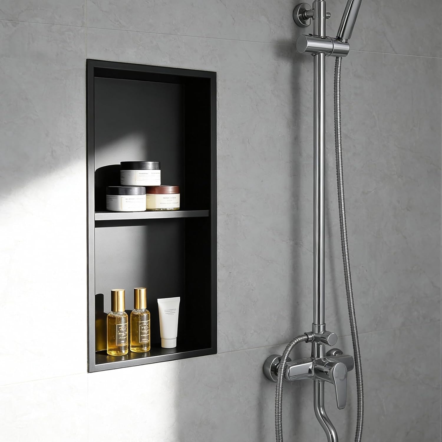 EasyVibe Matte Black 304 Stainless Steel Shower Niche 24 x 12 Inch, No Tile Needed Double Shelf Recessed Shower Wall Insert, Waterproof Bathroom Organizer for Toiletries & Storage