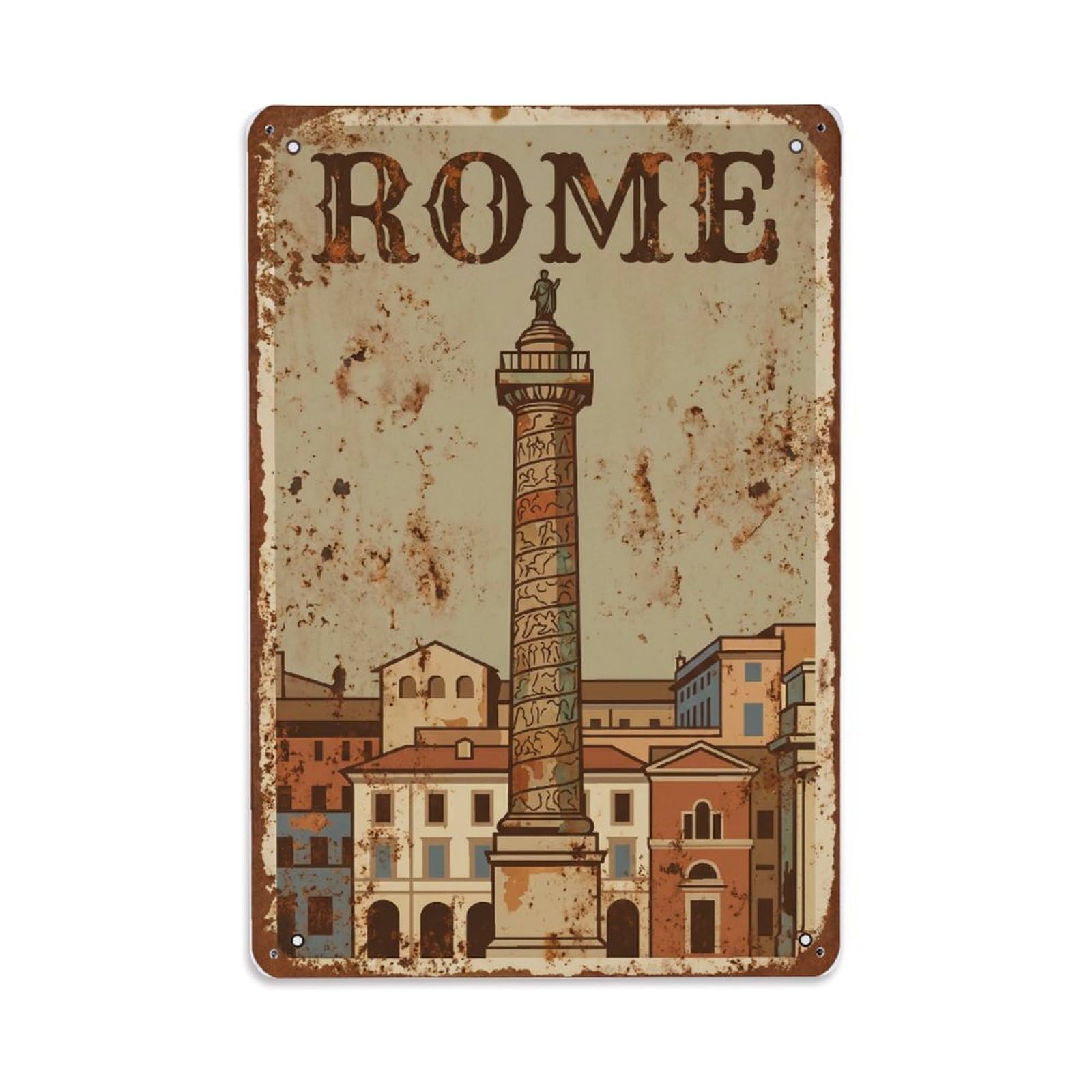 Vintage Travel Rome Piazza Colonna Marcus Aurelius Column Rusted Italy Metal Tin Sign Plaque Wall Decor for Cafe, Club Bar, Office, Home Garden Metal Poster 8x12Inch