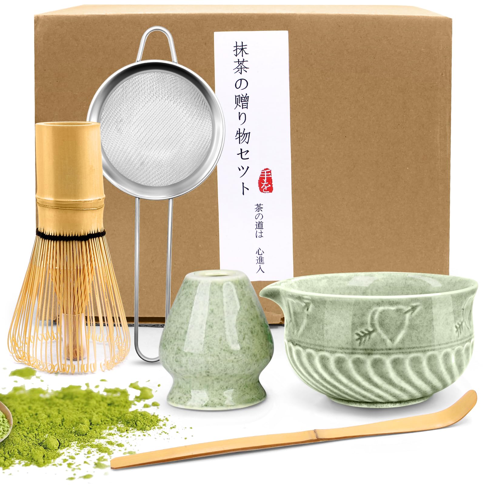 5 piezas Matcha set, Juego de té Japonés Premium, Matcha Kit con Batidor Te Matcha Cuchara Te Matcha Soporte de Batidor de Cerámica, para Amantes del té(Color matcha)