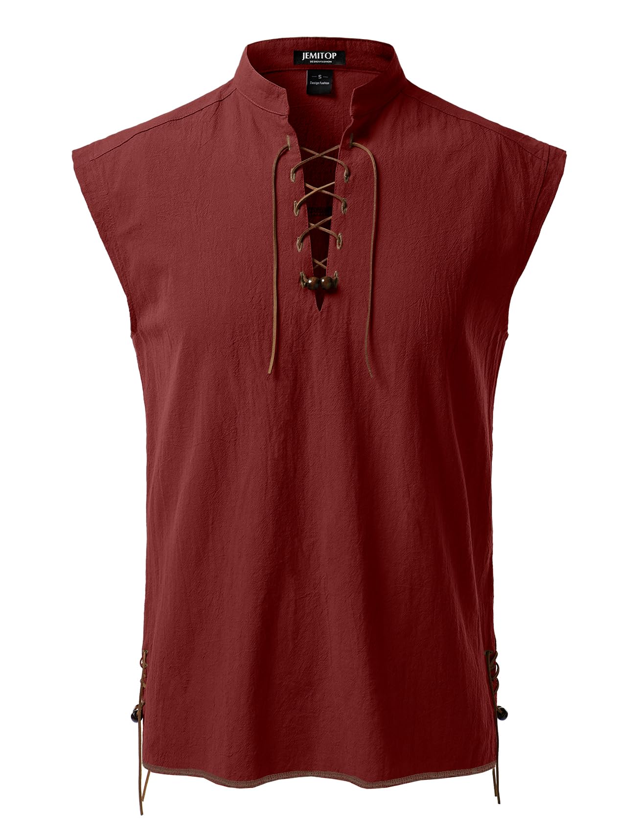 JEMITOP Men's Retro Pure Cotton Lace Up Sleeveless Shirts for Pirate Renaissance Medieval Viking Costume, Rust Red, XXL