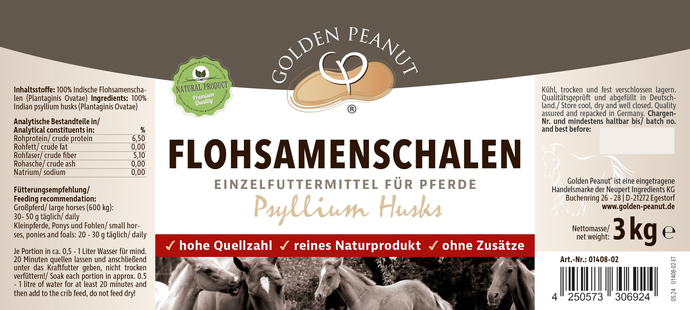 GOLDEN PEANUT Indische Flohsamenschalen 95% Reinheit - für Pferde und Ponys 3 kg, Darmsanierung, natürlich füttern