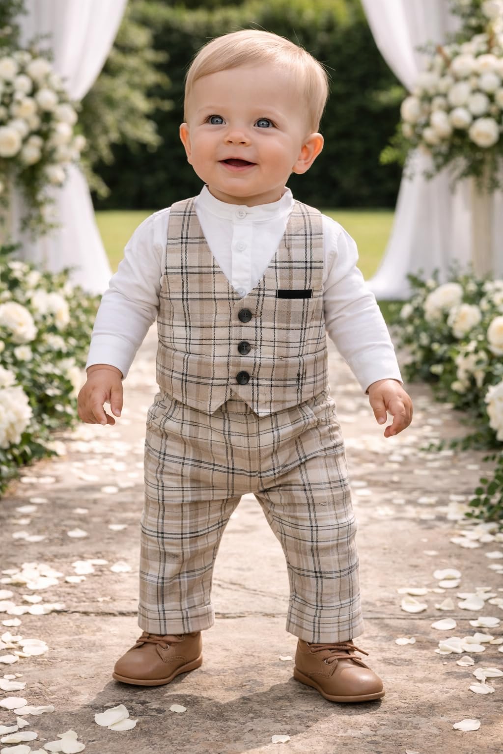 IDO Conjunto elegante ceremonia bautizo bebé 12 meses - 80 cm con camisa, chaleco y pantalón con tirantes color beige