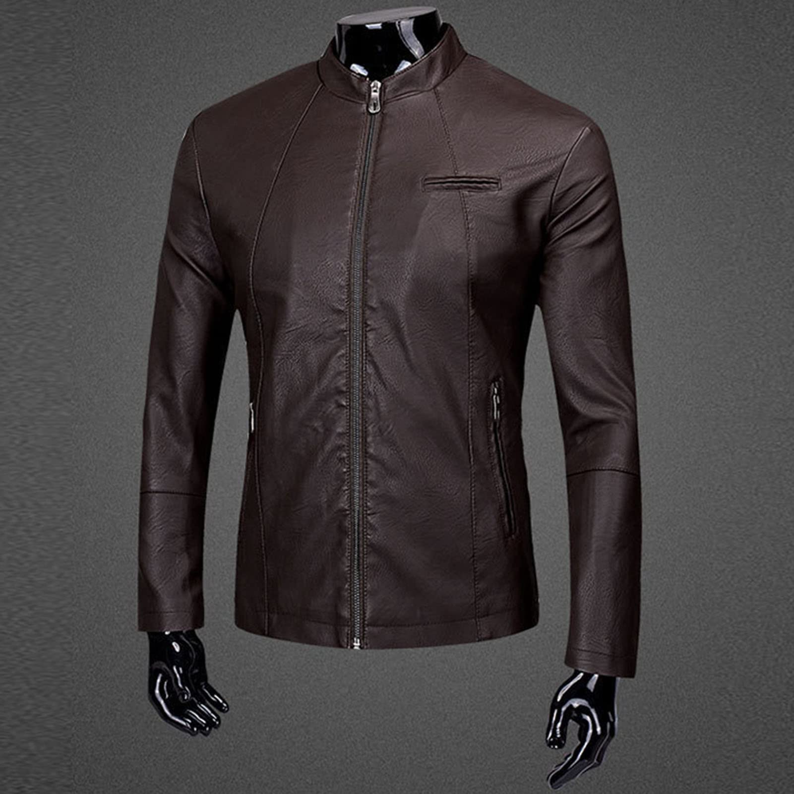 Maiyifu-GJ Men's Faux Leather Lambskin Biker Jacket Winter Warm Motorcycle Outwear Fleece Lined PU Leather Full Zip Jackets (Brown,Medium)