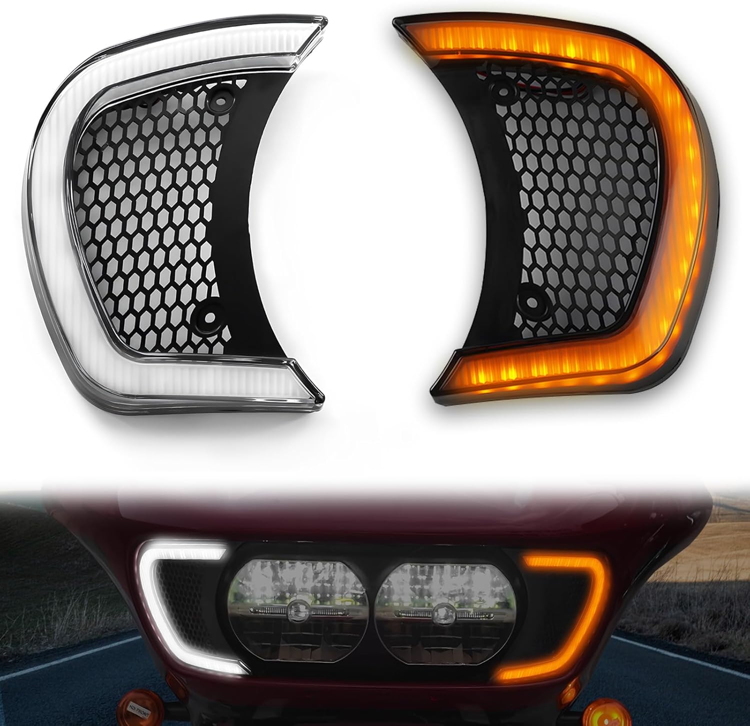 LED Headlight Vent Turn Signal for Road Glide, LED Fairing Vent Accent Lamp Indicator Side Lights for Harley Road Glide FLTRX Special FLTRXS CVO Ultra FLTRX 2015-2024 Accessories (Clear Lens)