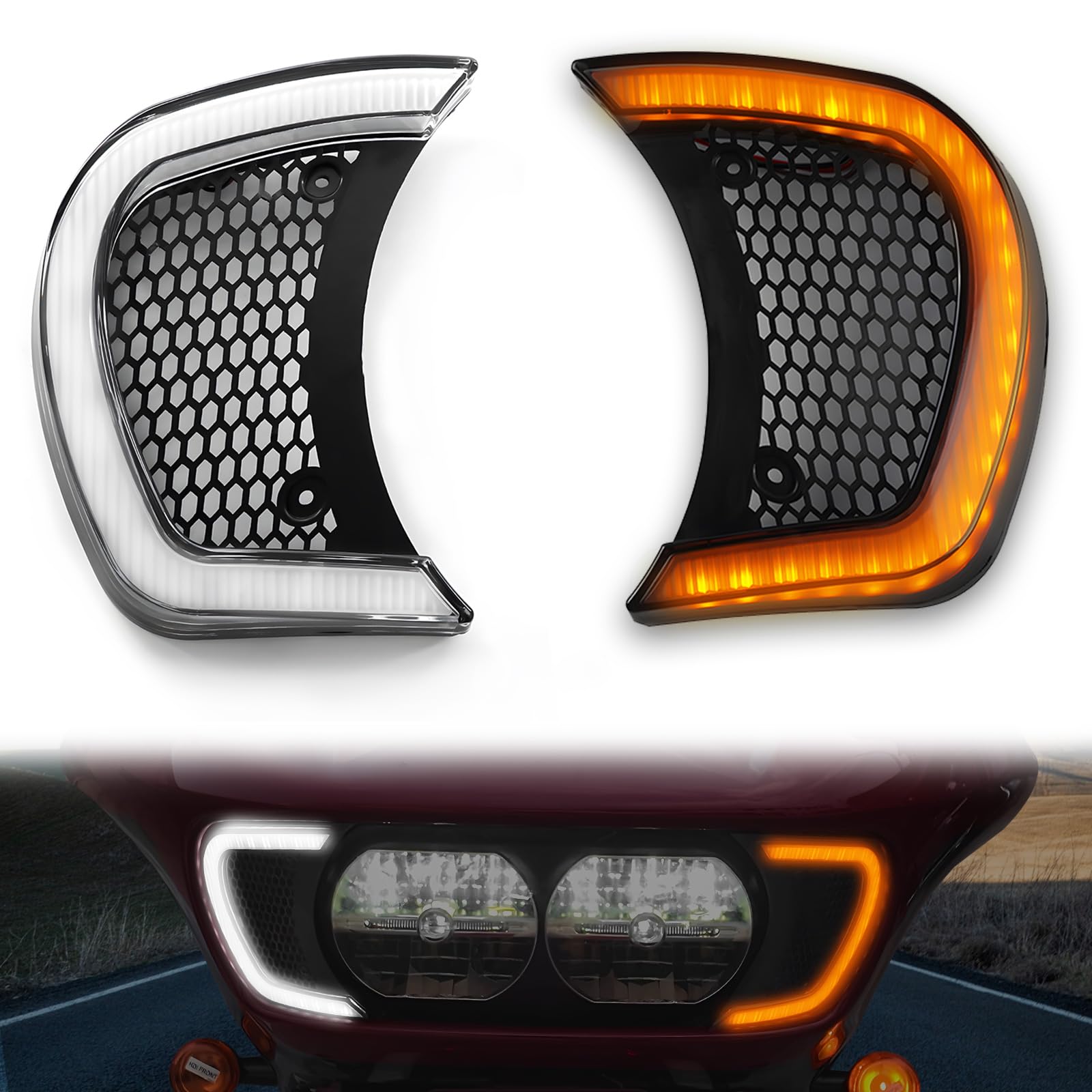 LED Headlight Vent Turn Signal for Road Glide, LED Fairing Vent Accent Lamp Indicator Side Lights for Harley Road Glide FLTRX Special FLTRXS CVO Ultra FLTRX 2015-2024 Accessories (Clear Lens)