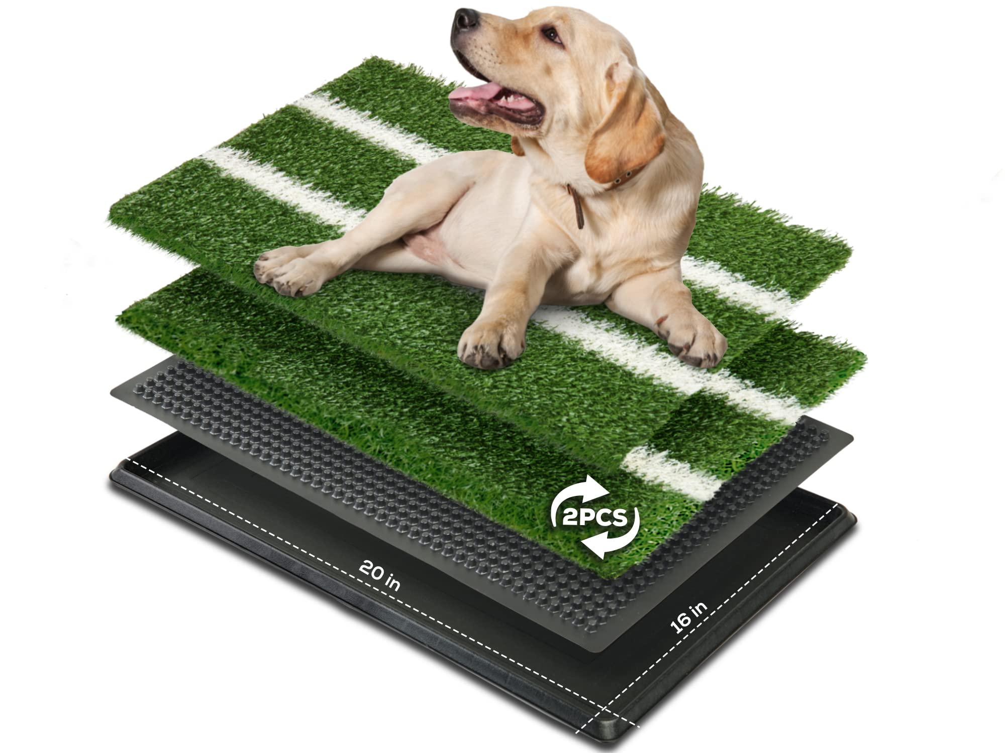 Dog Indoor Potty Tray with 2 Packs Replacement Grass Potty Pad, Potty Trainer Mats for Pets, Fake Grass Sporty Green Turf Mat Replacement Potty for Outdoor or Apartment (16 x 20 Inches)