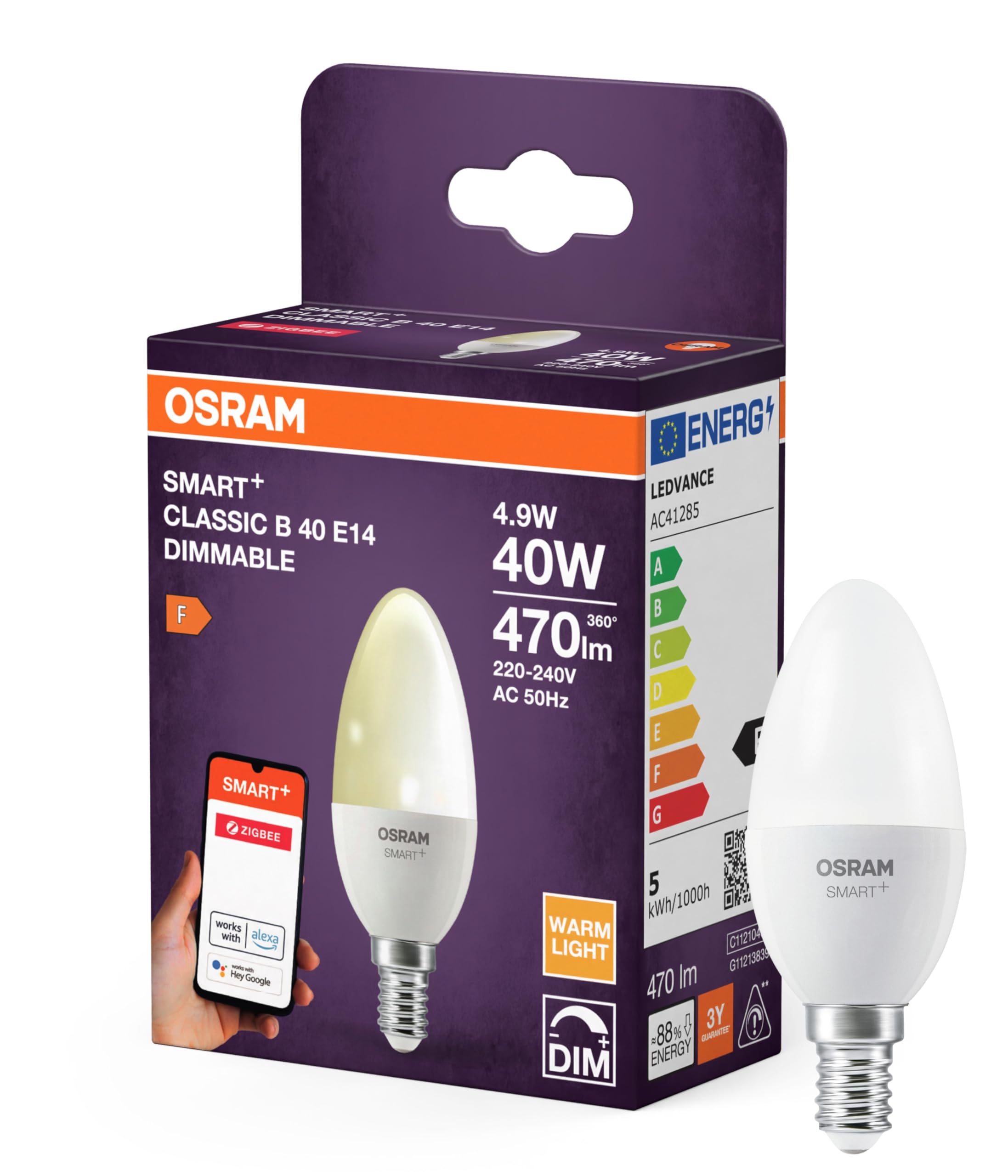 Osram SMART LED Lampe B40 Kerzenform E14, 4.9W ZigBee 3.0, dimmbar 2700K warmweiß, App Steuerung, Alexa, Smart Home