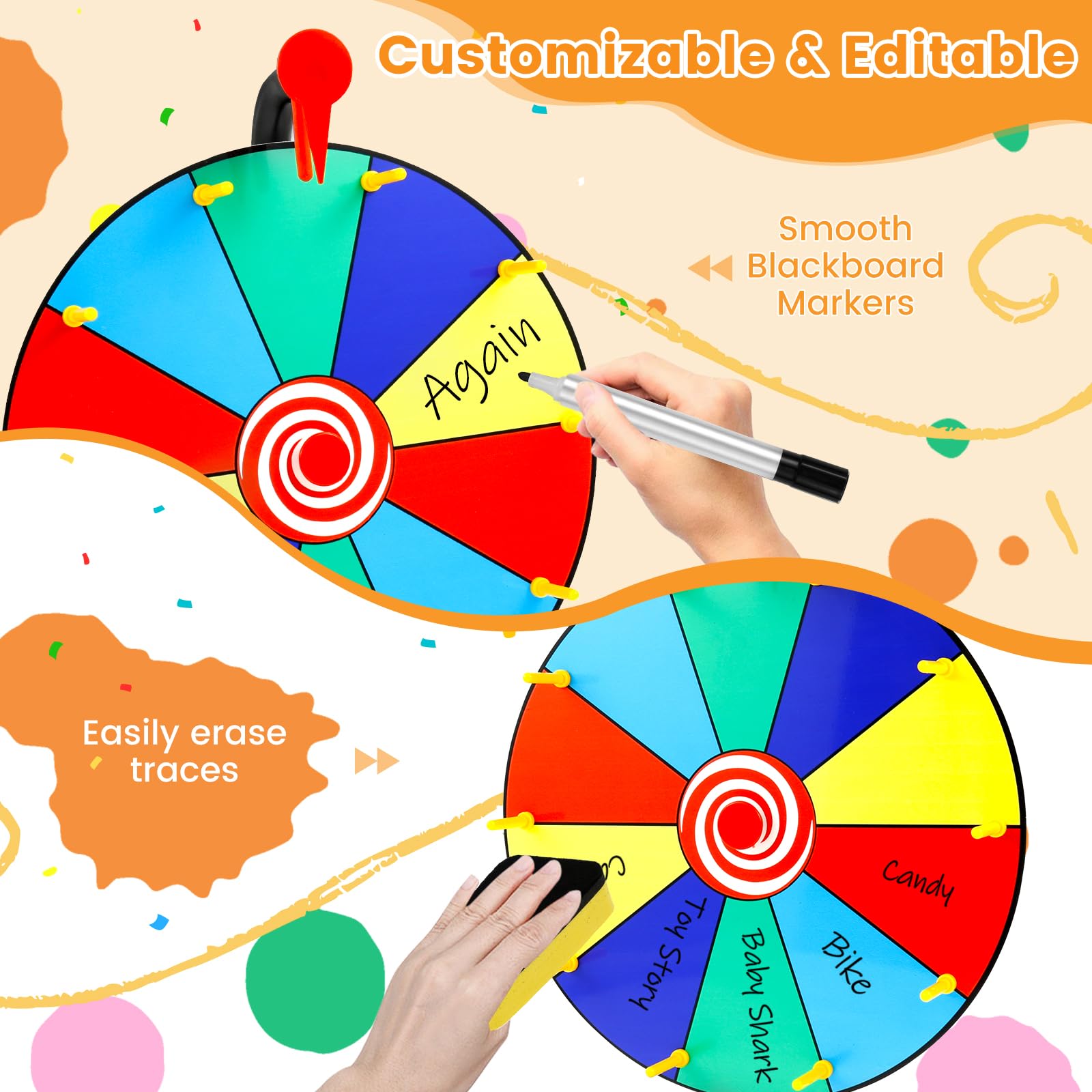 Glücksrad 30cm,Preisrad mit Trocken Abwischbarem Stift und Markern,Prize Wheel zum Selbstgestalten,Roulette-Rad für Messeparty Karneva(10 Gitter)