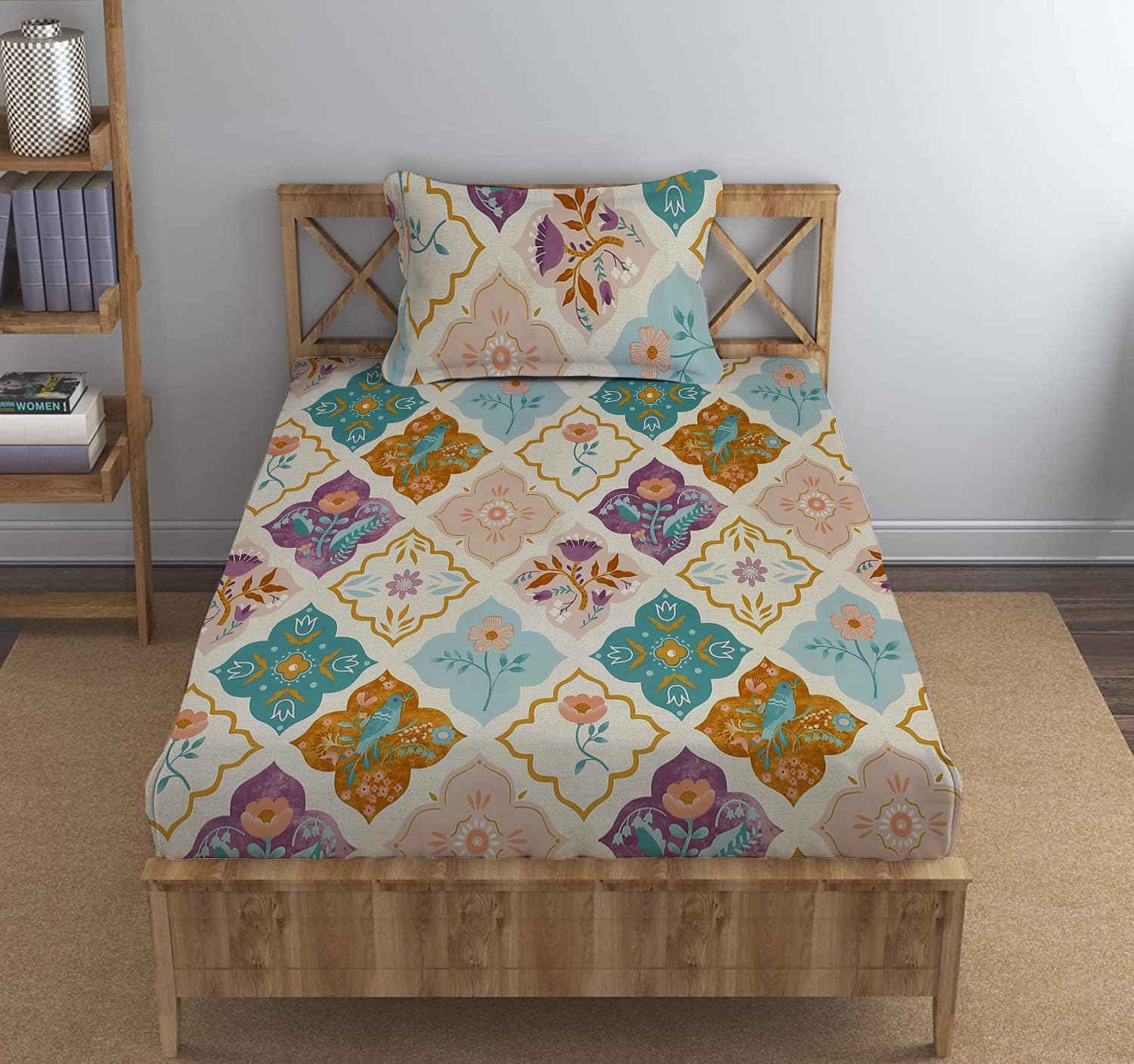 DECOMIZER Cotton Feel All Around Elastic Fitted Glace Printed Single Bed Bedsheet with 1 Large Pillow Cover Fits Upto Mattress of 6 Inches,Size - 42 x 75 x 8 Inches, Quad Flower
