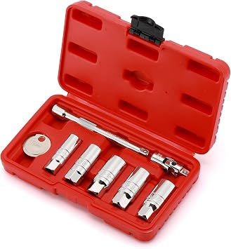 CASOMAN 3/8" Dr. Spark Plug Socket Set, 6-Point, Include 6-Inch Extension Bar, Universal Joint & Spark Plug Gapper, 8Piece Set, CR-V Steel