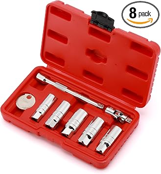 CASOMAN 3/8-Inch Drive Spark Plug Socket Set, 6-Point, Include Extension Bar, Universal Joint & Spark Plug Gapper, 8Piece Set, CR-V Steel