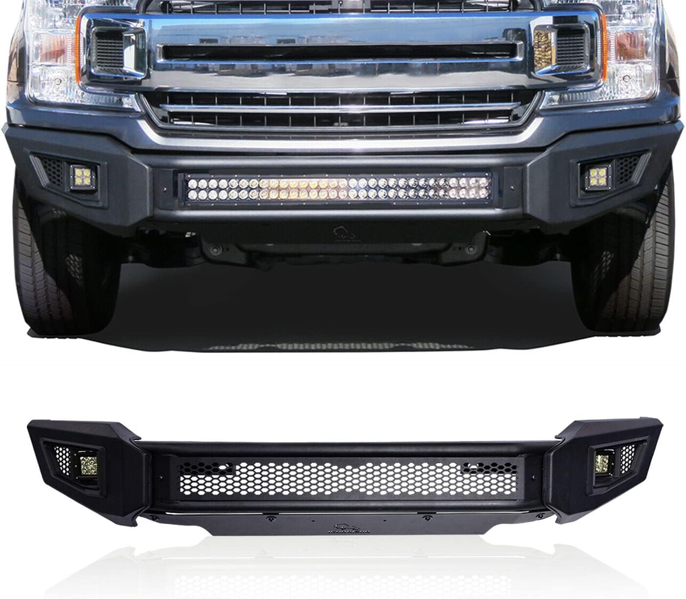 TAC IRONBISON Barde Front Bumper Compatible with 2018-2020 Ford F150 (Excluded Raptor Models and 2020 Diesel Models) Truck Pickup Textured Black Off Road Rock Armor with LED Fog Light/ Splash Guard