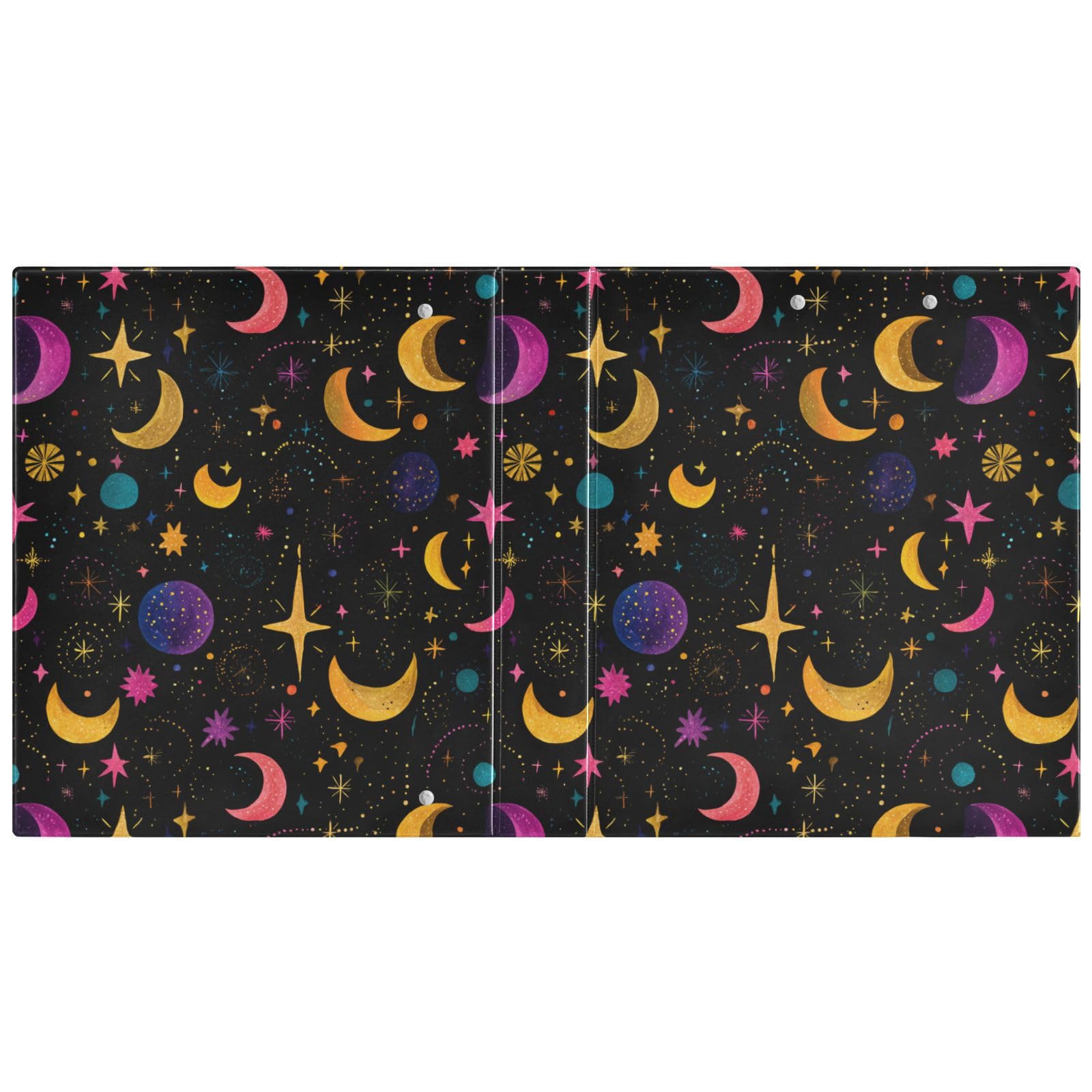 Kcldeci Raccoglitore a 3 anelli con copertina rigida per carta formato lettera, stelle colorate lunari, anelli rotondi da 3,8 cm, organizer per scuola/ufficio, confezione da 2