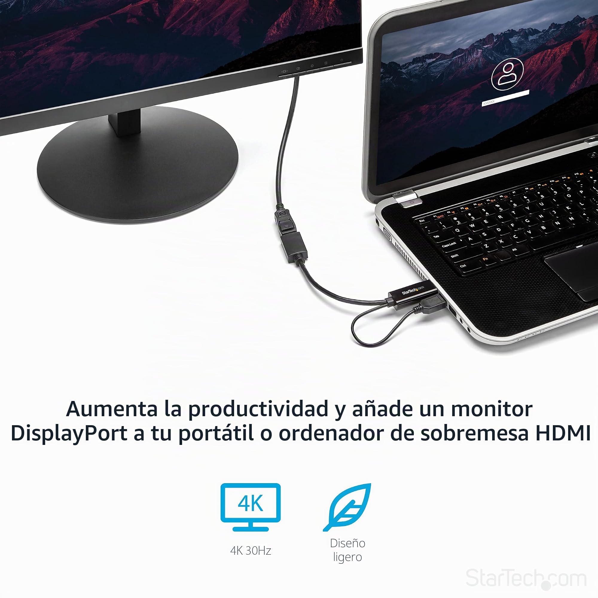 StarTech Adaptador Activo HDMI 1.4 a DP 1.2 - 4K 30Hz - Alimentado por USB | Retrocompatible con Full HD 1920x1200, Conecta un segundo monitor a tu portátil