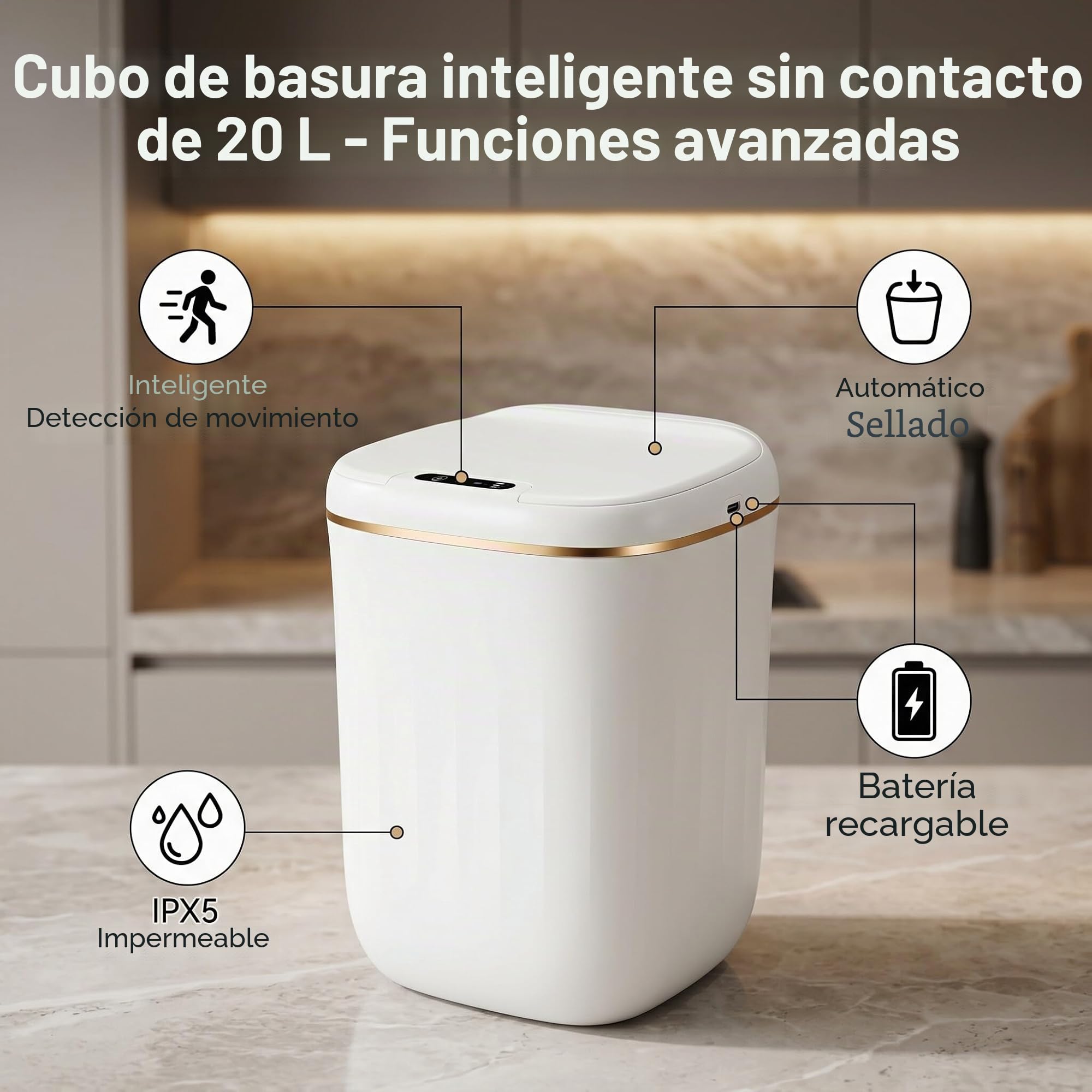 Papelera 20L con Sensor Movimiento, Capacidad Grande, Recargable y Tapa para Baño Cocina Dormitorio