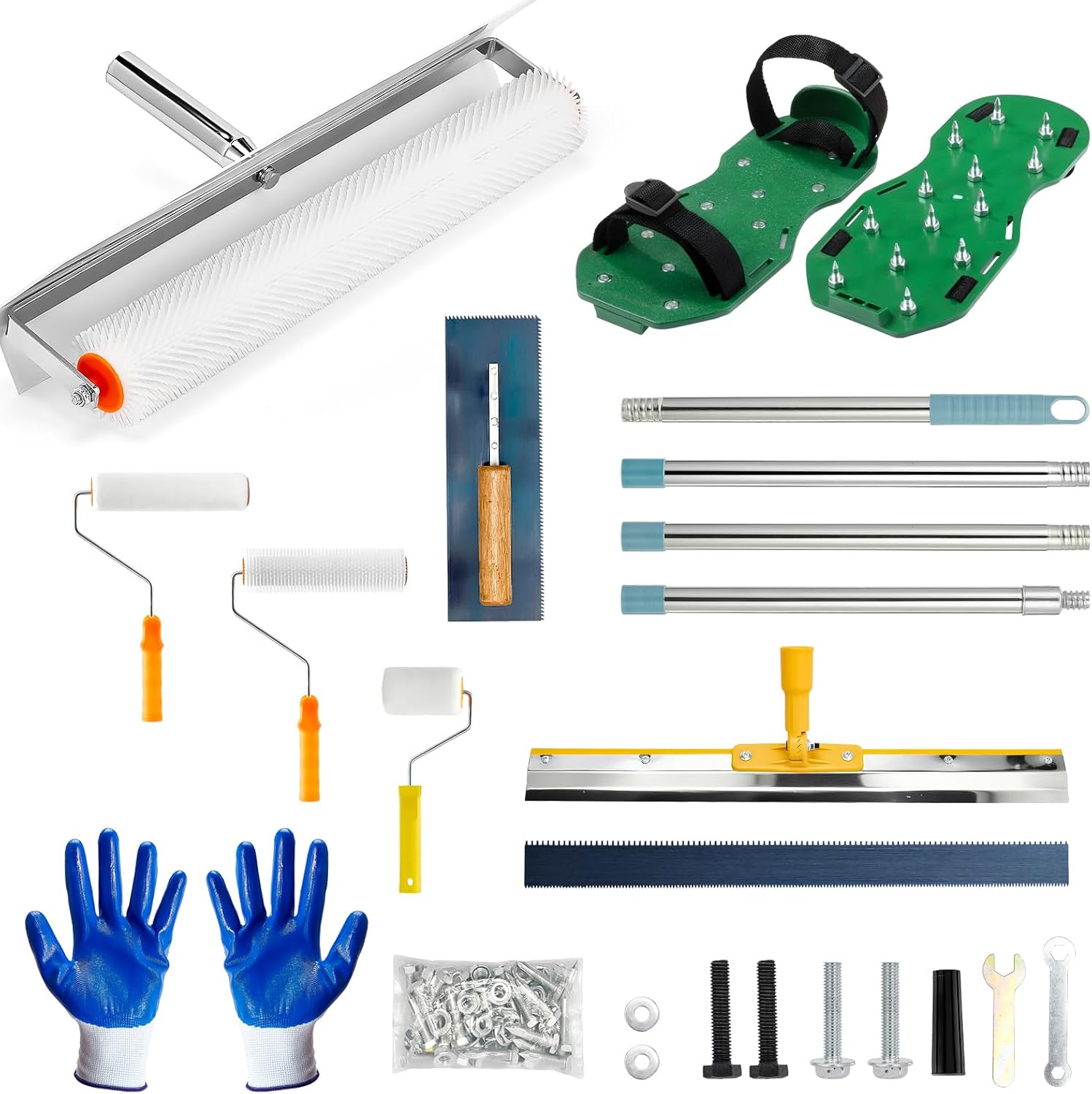 Self Leveling Concrete Tools, Spiked Roller for Self Leveling with Adjustable 5.1ft Pole, Garage Floor Epoxy Kit with Cement Leveling Rake, Spike Shoes for Epoxy Flooring