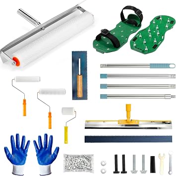 Self Leveling Concrete Tools, Spiked Roller for Self Leveling with Adjustable 5.1ft Pole, Garage Floor Epoxy Kit with Cement Leveling Rake, Spike Shoes for Epoxy Flooring