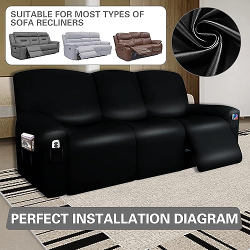 Miniatura 5 de Funda de piel sintética para sofá reclinable, impermeable, 8 piezas, para sofá de 3 cojines, bolsillos de almacenamiento (negro)