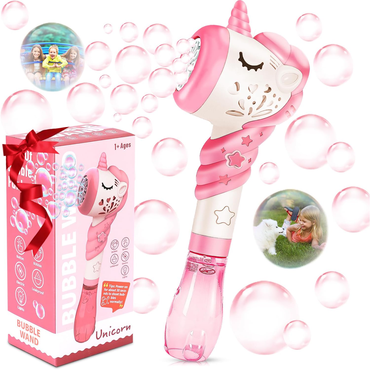Bubble Machine Wand Gifts for Kids Toddlers Age 1 2 3 4 5 6 7 8 Years Old Birthday Party Unique Cute Baby Outdoor Outside Unicorn Summer Toy Easter Day Game for Little Girl Boy Include Solution Pink