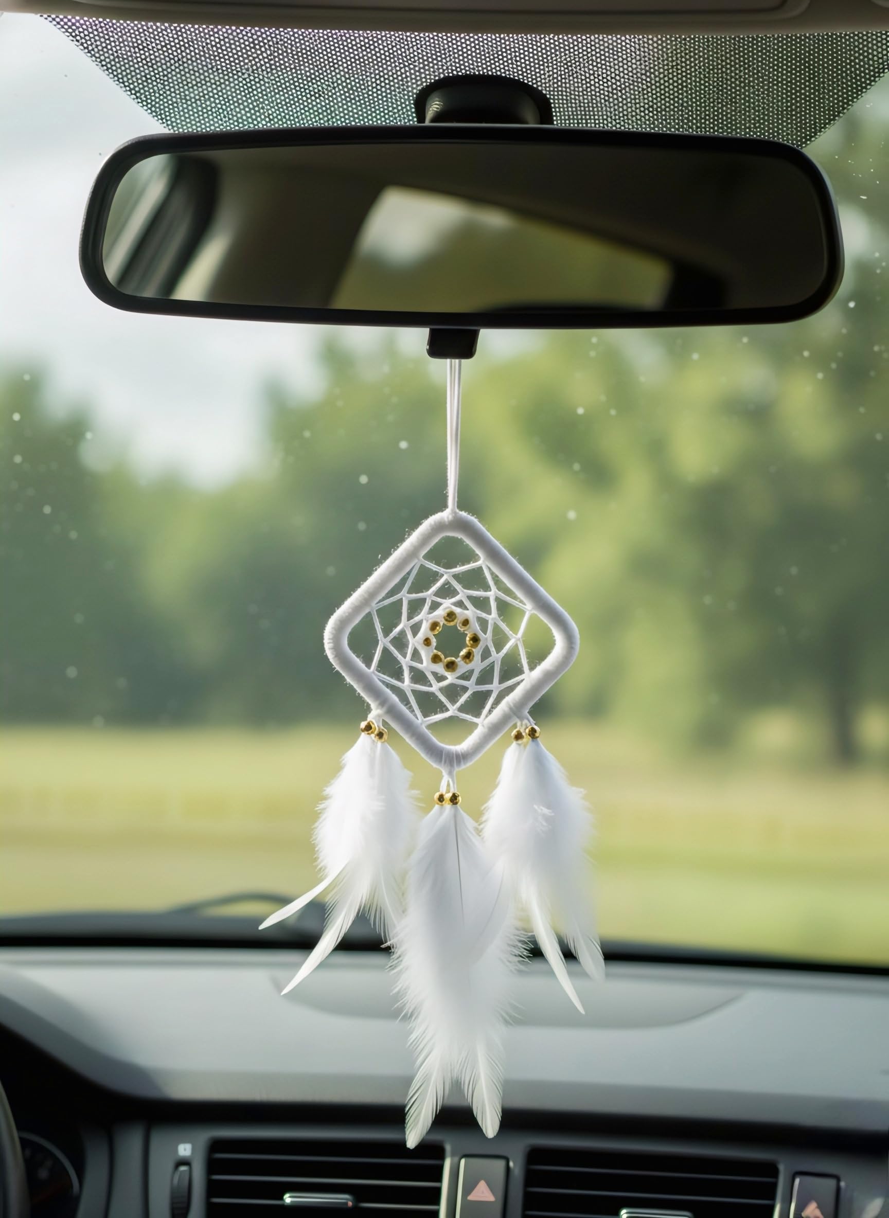Pure Handmade Dream Catcher Car Hanging | Feather Wall & Rear View Mirror Decor | Lucky Charm Dreamcatcher (6 Inch Length, 3 Inch Diameter) (White)-image-32