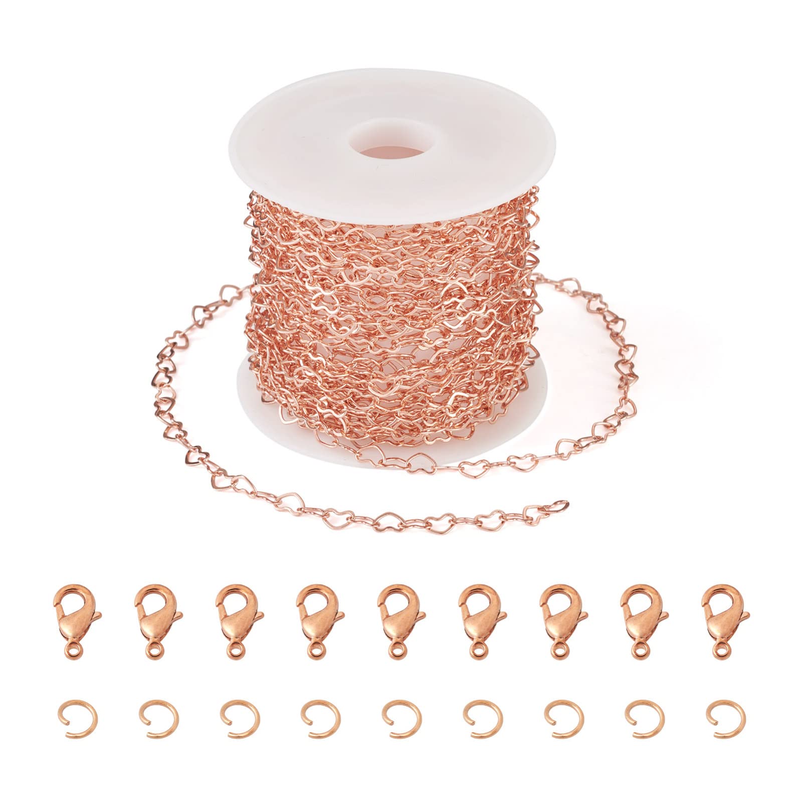 Pandahall 15.7-16.4 Feet Rose Gold Heart Link Chains 5x3.5x0.4mm Soldered Brass Love Heart Cable Chains Spool with 20Pcs Lobster Claw Clasps 30Pcs