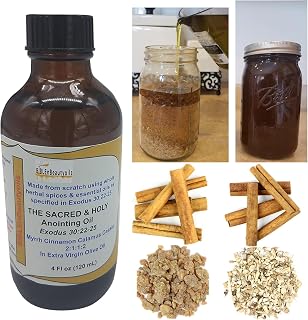 Exodus 30:22-25 Sacred and Holy Anointing Oil, Made from Scratch with Myrrh, Calamus, Cinnamon, Cassia, and Olive Oil Herbal Spices and Essential Oils for Healing Prayers - 4 Fl oz