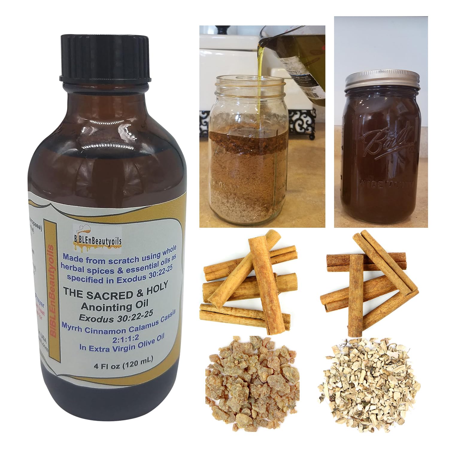 Exodus 30:22-25 Sacred and Holy Anointing Oil, Made from Scratch with Myrrh, Calamus, Cinnamon, Cassia, and Olive Oil Herbal Spices and Essential Oils for Healing Prayers - 4 Fl oz