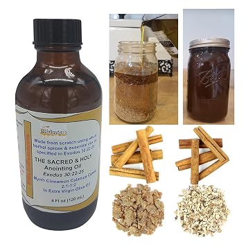 Exodus 3022-25 Sacred and Holy Anointing Oil, Made from Scratch with Myrrh, Calamus, Cinnamon, Cassia, and Olive Oil Herbal Spices and Essential Oils for Healing Prayers - 4 Fl oz