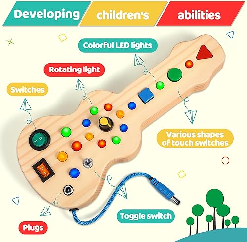 Miniatura 3 de Montessori - Tablero de juguete para niños pequeños con 15 luces LED, tablero de madera para guitarra, juguete sensorial, interruptor de luz,