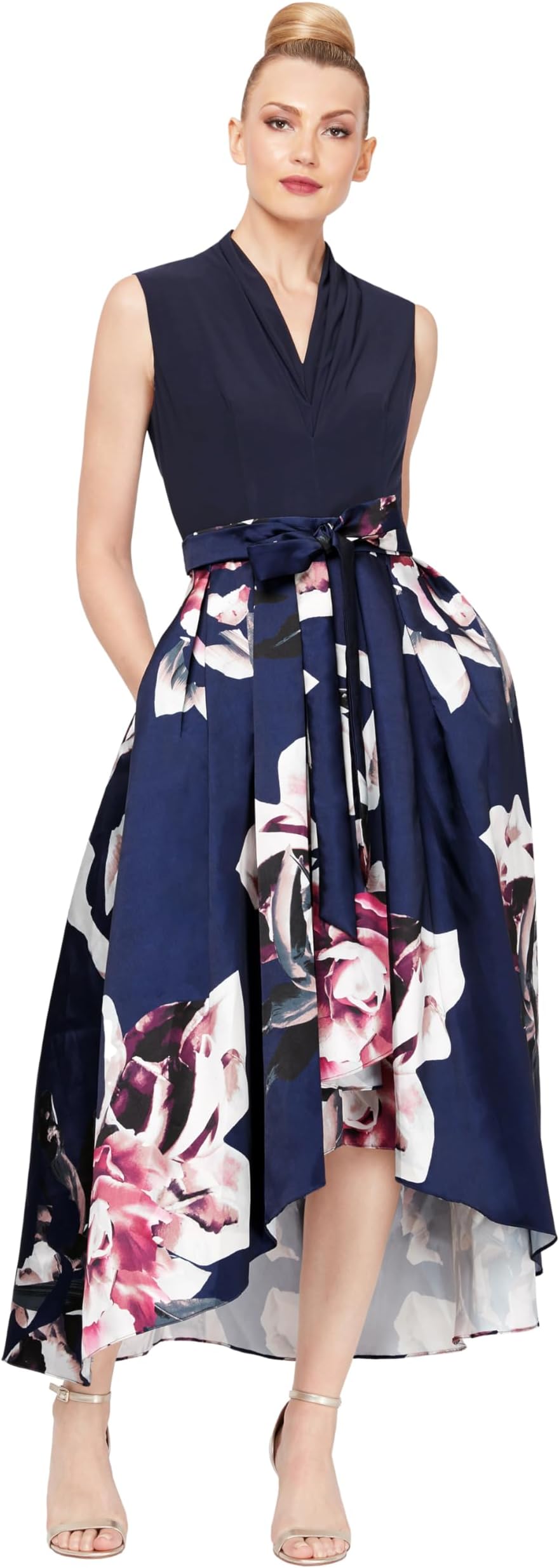 Women's Floral High-Low Gown with Pockets and Stretch Bodice, Wedding Guest Dress (Petite and Regular Sizes)