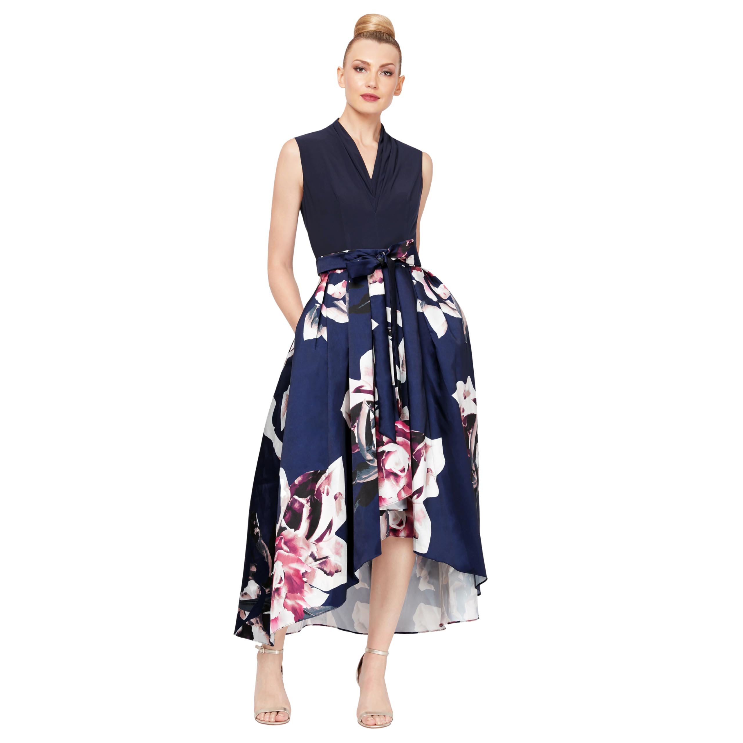 S.L. Fashions Women's Floral High-Low Gown with Pockets and Stretch Bodice, Wedding Guest Dress (Petite and Regular Sizes)