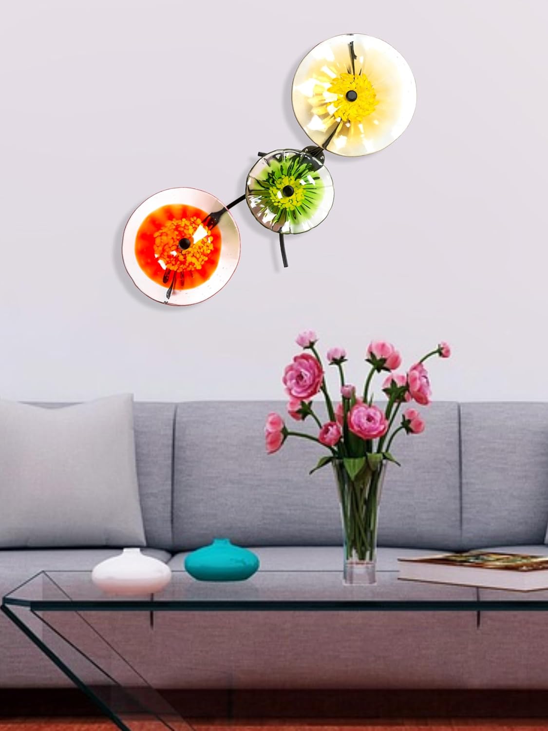 Dale Tiffany AW23125 Fiore Bloom Hand Blown Art Glass Wall Decor with Wall Mounting Bracket, Multi-Color, 3-Plate